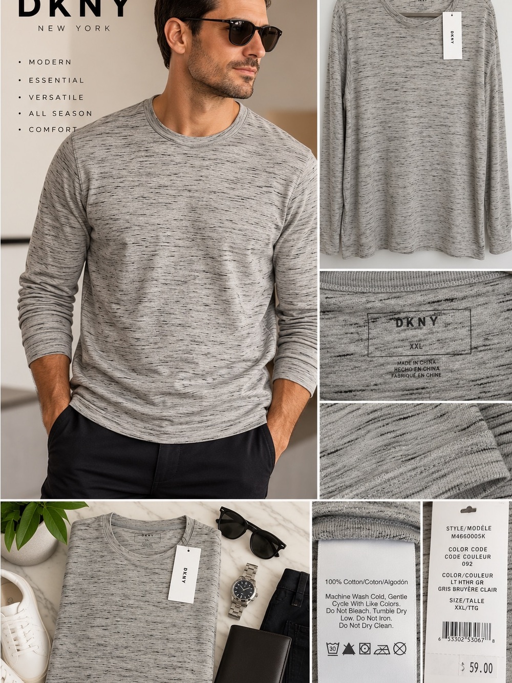 NWT DKNY Men’s Light Heather Gray Long-Sleeve Crewneck Tee